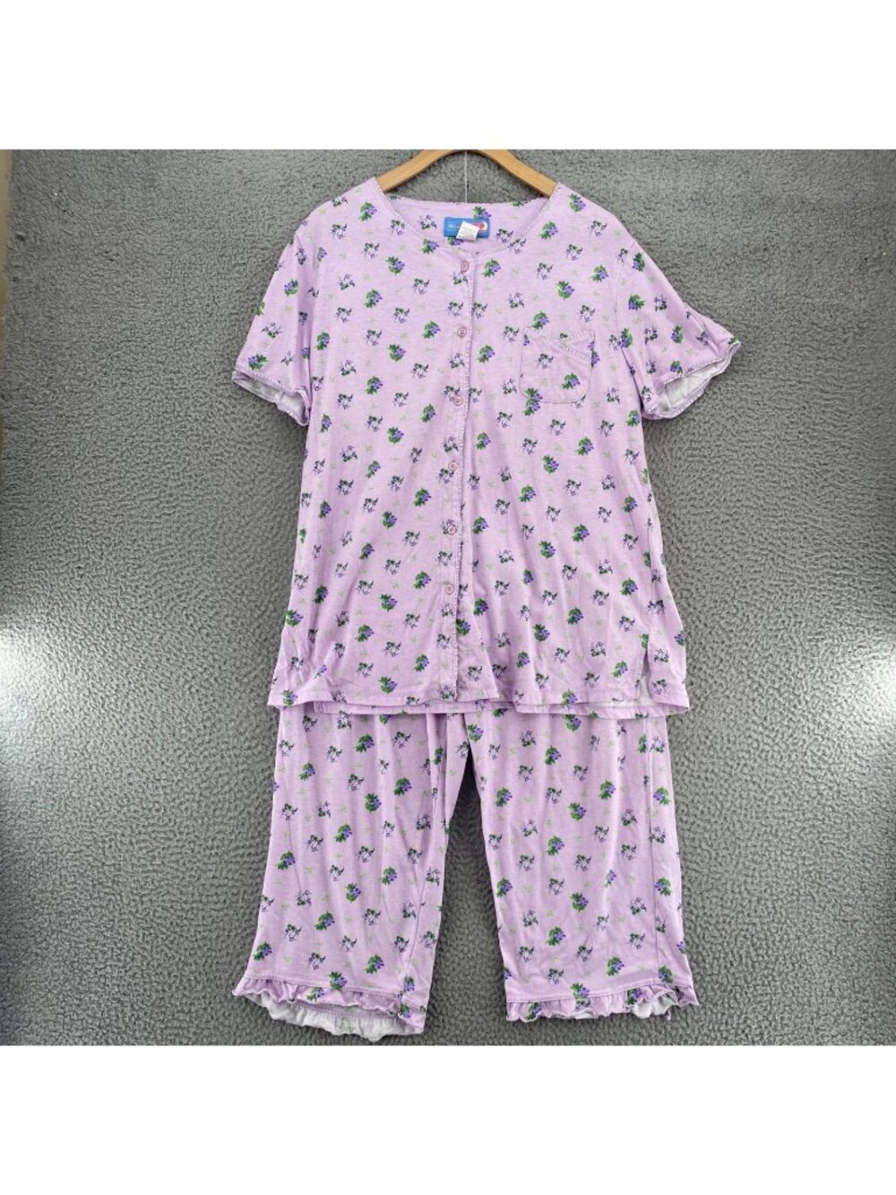 Moon Beams Pajama Set Womens Large Purple Floral Ruffle Button Up Shirt Capris